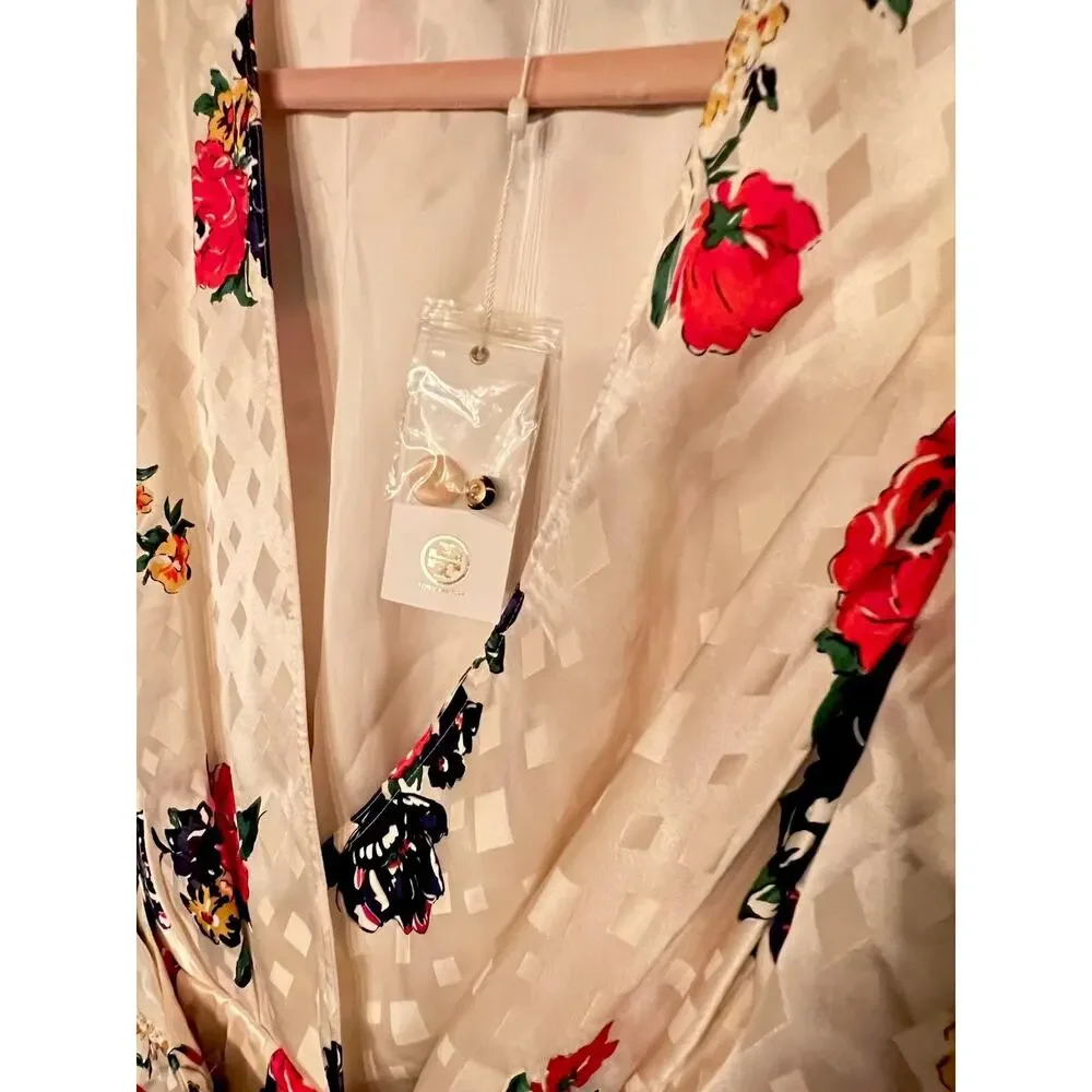 Tory Burch Printed Silk Wrap Dress Ivory Tea Rose Size 8 Floral Luxury Ruffle